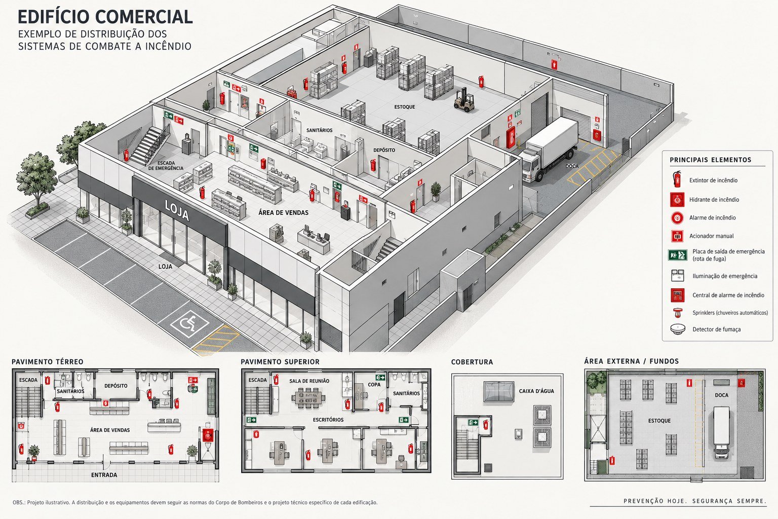 Ilustração técnica de um edifício comercial mostrando a distribuição de extintores, hidrantes, alarmes e saídas de emergência, com plantas baixas do térreo, pavimento superior, cobertura e área externa