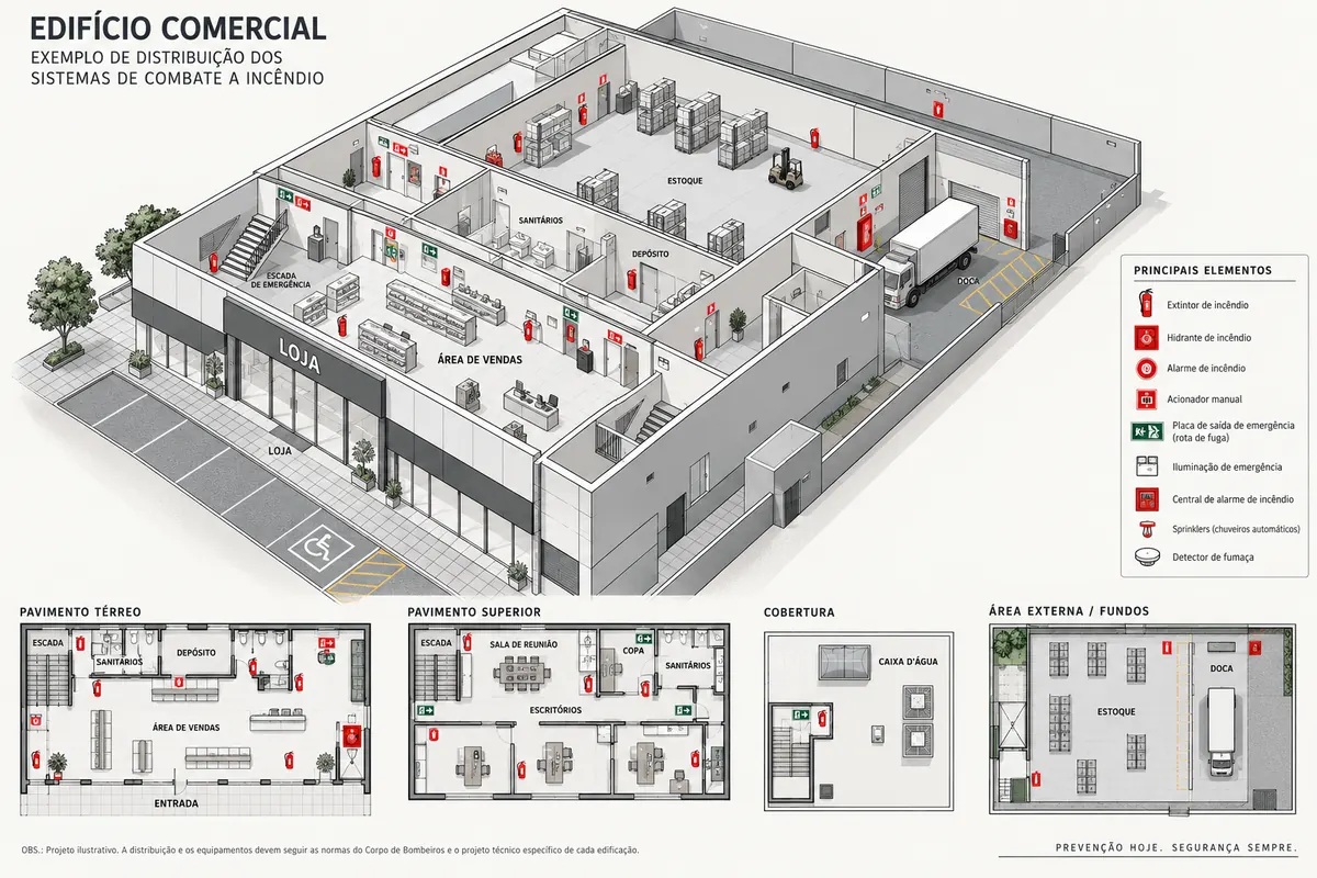 Ilustração técnica de um edifício comercial mostrando a distribuição de extintores, hidrantes, alarmes e saídas de emergência, com plantas baixas do térreo, pavimento superior, cobertura e área externa